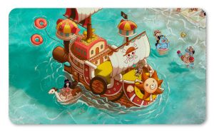 Tapete con ilustración isométrica del Thousand Sunny navegando en un mar turquesa con miembros de la tripulación impreso por QuintaProjects.