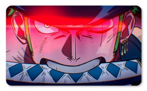 Tapete de Roronoa Zoro de One Piece en primer plano extremo con ojos brillantes rojos y espada en la boca impreso por QuintaProjects.