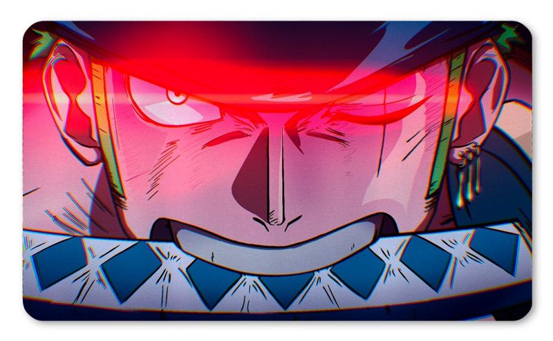 Tapete de Roronoa Zoro de One Piece en primer plano extremo con ojos brillantes rojos y espada en la boca impreso por QuintaProjects.