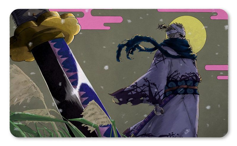 Tapete de Shimotsuki Ryuma de espaldas bajo la luna llena con su espada Shusui en primer plano impreso por QuintaProjects.