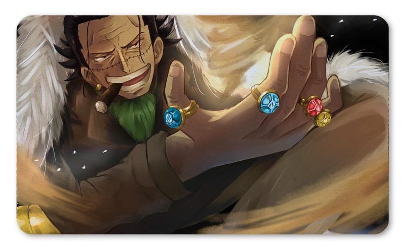 Tapete de Crocodile de One Piece con su garfio dorado, fumando un puro y luciendo anillos con joyas impreso por QuintaProjects.
