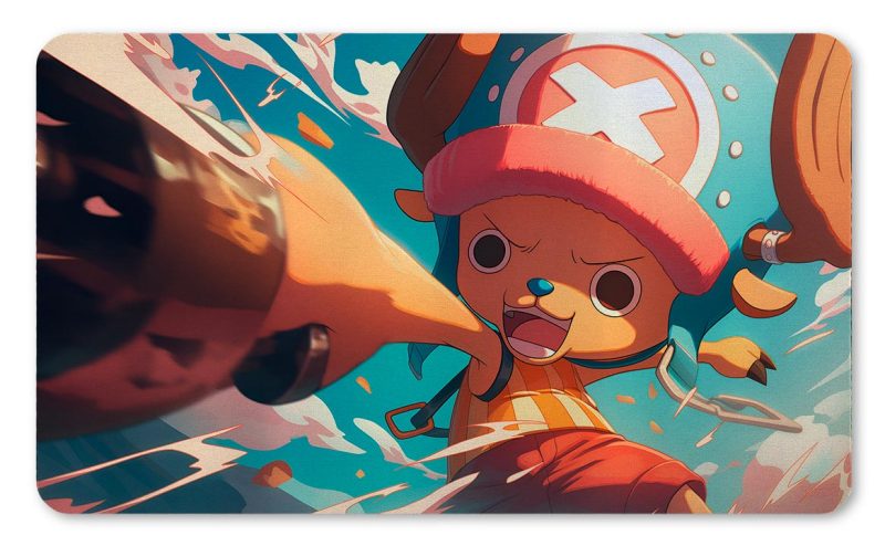 Tapete de Tony Tony Chopper de One Piece en una pose dinámica de ataque con fondo de salpicaduras impreso por QuintaProjects.