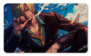 Tapete de Sanji de One Piece vistiendo traje negro, fumando y con fondo azul marino impreso por QuintaProjects.
