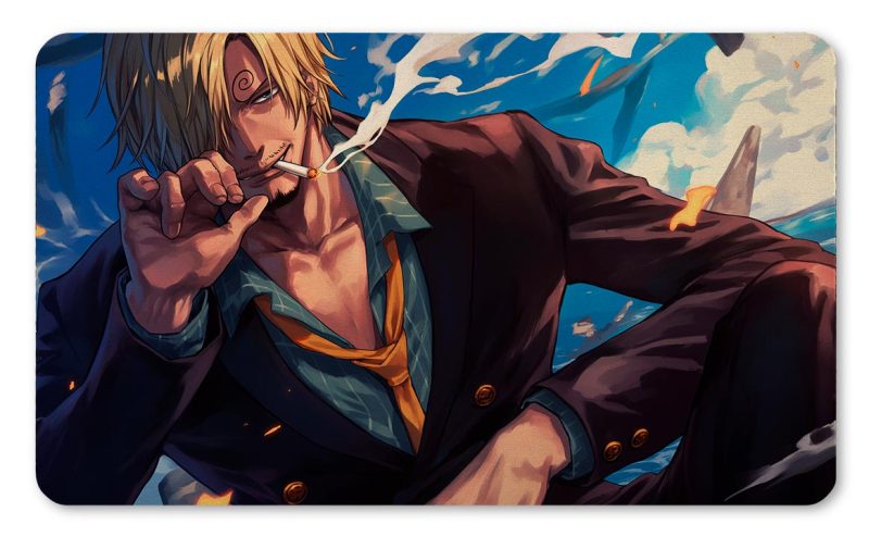 Tapete de Sanji de One Piece vistiendo traje negro, fumando y con fondo azul marino impreso por QuintaProjects.
