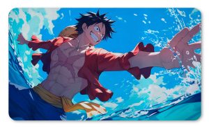 Tapete de Luffy de One Piece saltando sobre el mar azul con el brazo extendido e impreso por QuintaProjects.