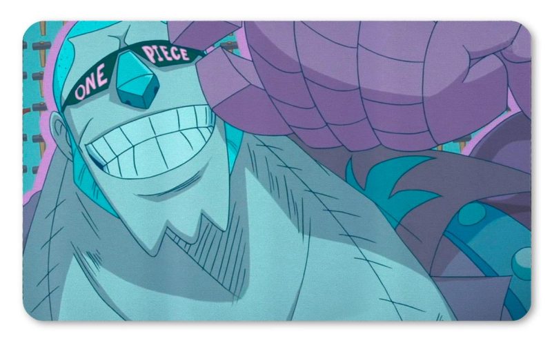 Tapete de Franky de One Piece con gafas de sol y estética retro en tonos azules y púrpuras impreso por QuintaProjects.