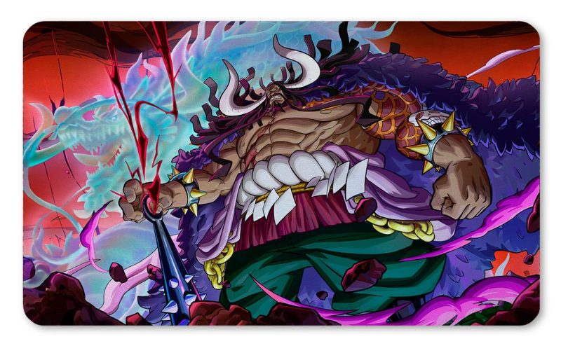 Tapete de Kaido en su forma híbrida empuñando su maza Hassaikai con aura de rayos rojos impreso por QuintaProjects.