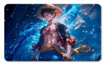 Tapete de Monkey D. Luffy de One Piece rodeado de un aura de energía azul intensa y partículas en movimiento impreso por QuintaProjects.