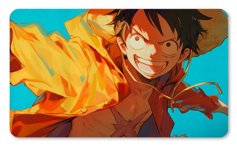 Tapete de Monkey D. Luffy de One Piece con estilo artístico de pinceladas en tonos cálidos sobre fondo azul impreso por QuintaProjects.