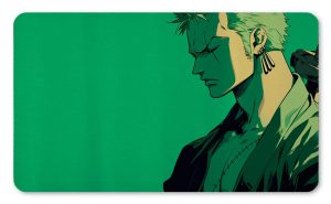 Tapete de Roronoa Zoro de One Piece en perfil con estilo artístico minimalista en tonos verdes impreso por QuintaProjects.