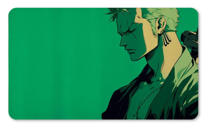 Tapete de Roronoa Zoro de One Piece en perfil con estilo artístico minimalista en tonos verdes impreso por QuintaProjects.