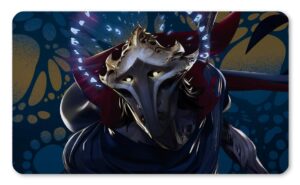 Tapete Viktor inspirado en League of Legends, máscara metálica y energía arcana azul