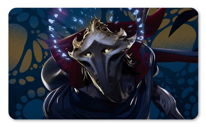 Tapete Viktor inspirado en League of Legends, máscara metálica y energía arcana azul