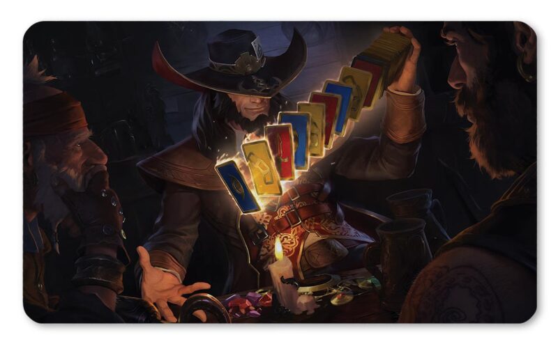 Tapete Twisted Fate inspirado en League of Legends, maestro de las cartas haciendo volar su baraja sobre la mesa