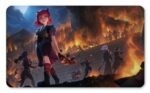 Tapete Annie inspirado en League of Legends, niña maga con Tibbers caminando entre fuego y ciudad en llamas