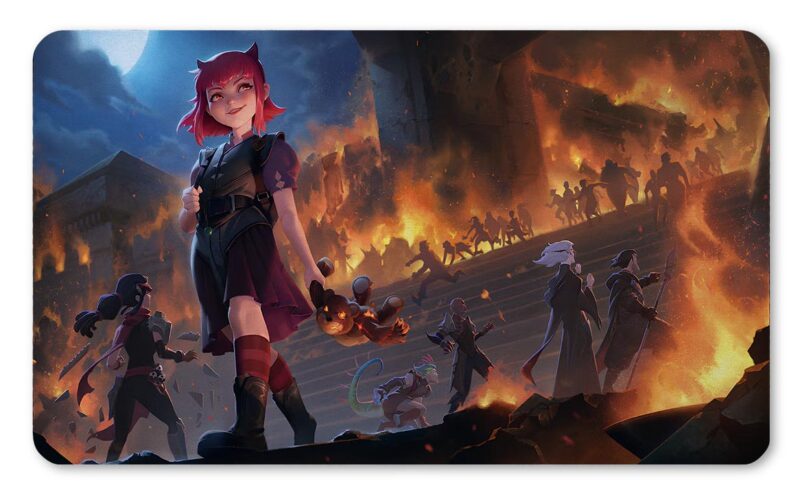 Tapete Annie inspirado en League of Legends, niña maga con Tibbers caminando entre fuego y ciudad en llamas