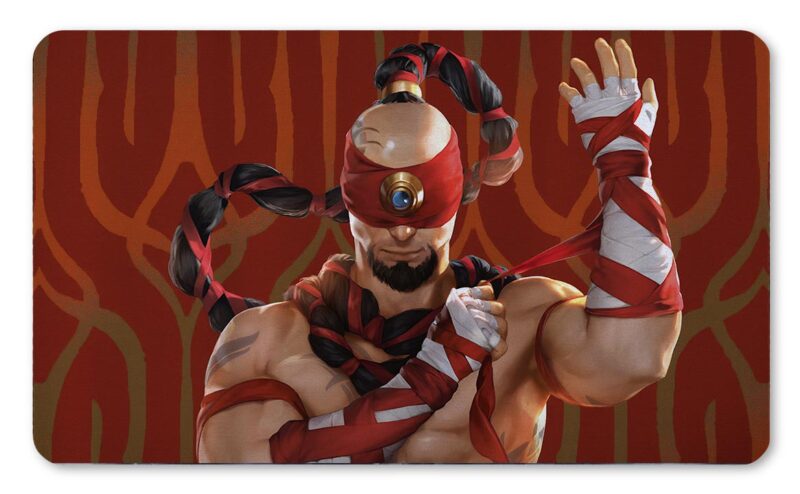 Tapete Lee Sin inspirado en League of Legends, monje ciego de Jonia ajustando sus vendas sobre fondo rojo