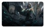Tapete Irelia de League of Legends rodeada de sus cuchillas en un entorno oscuro