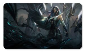 Tapete Irelia de League of Legends rodeada de sus cuchillas en un entorno oscuro