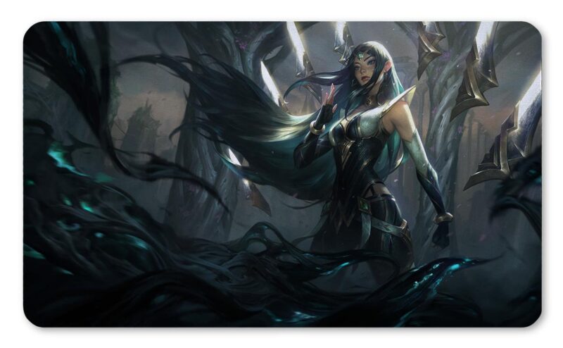 Tapete Irelia de League of Legends rodeada de sus cuchillas en un entorno oscuro